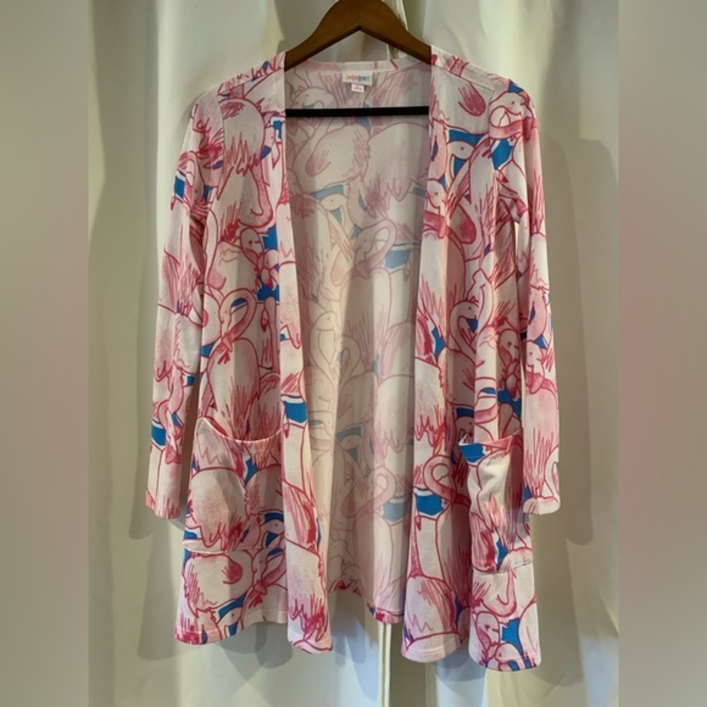 LuLaRoe Caroline Open Cardigan Size‎ Small Flamingo Pattern Pockets
